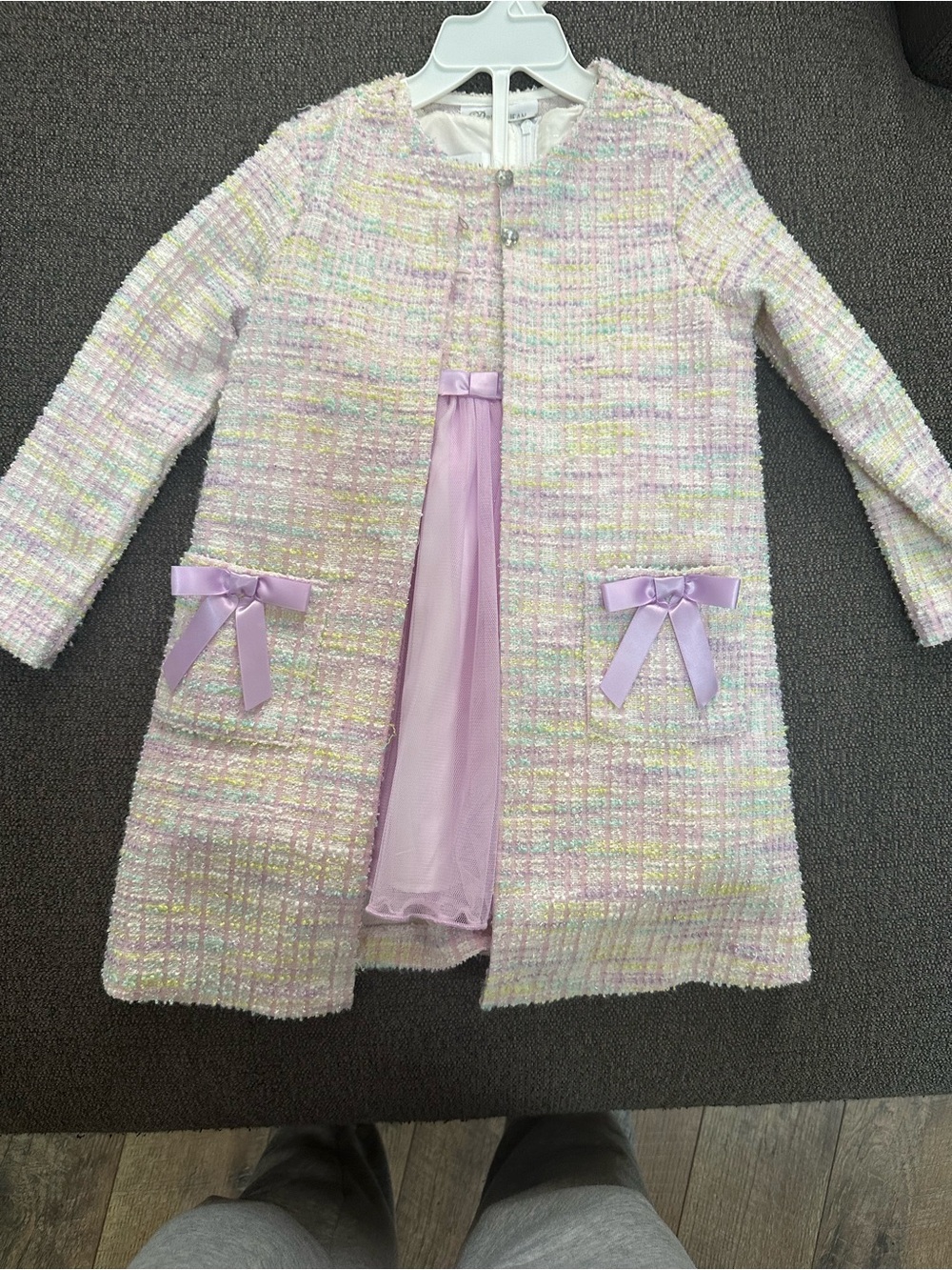 Girls' Pastel Tweed dress and Pea Coat with Lilac Bow Detail
